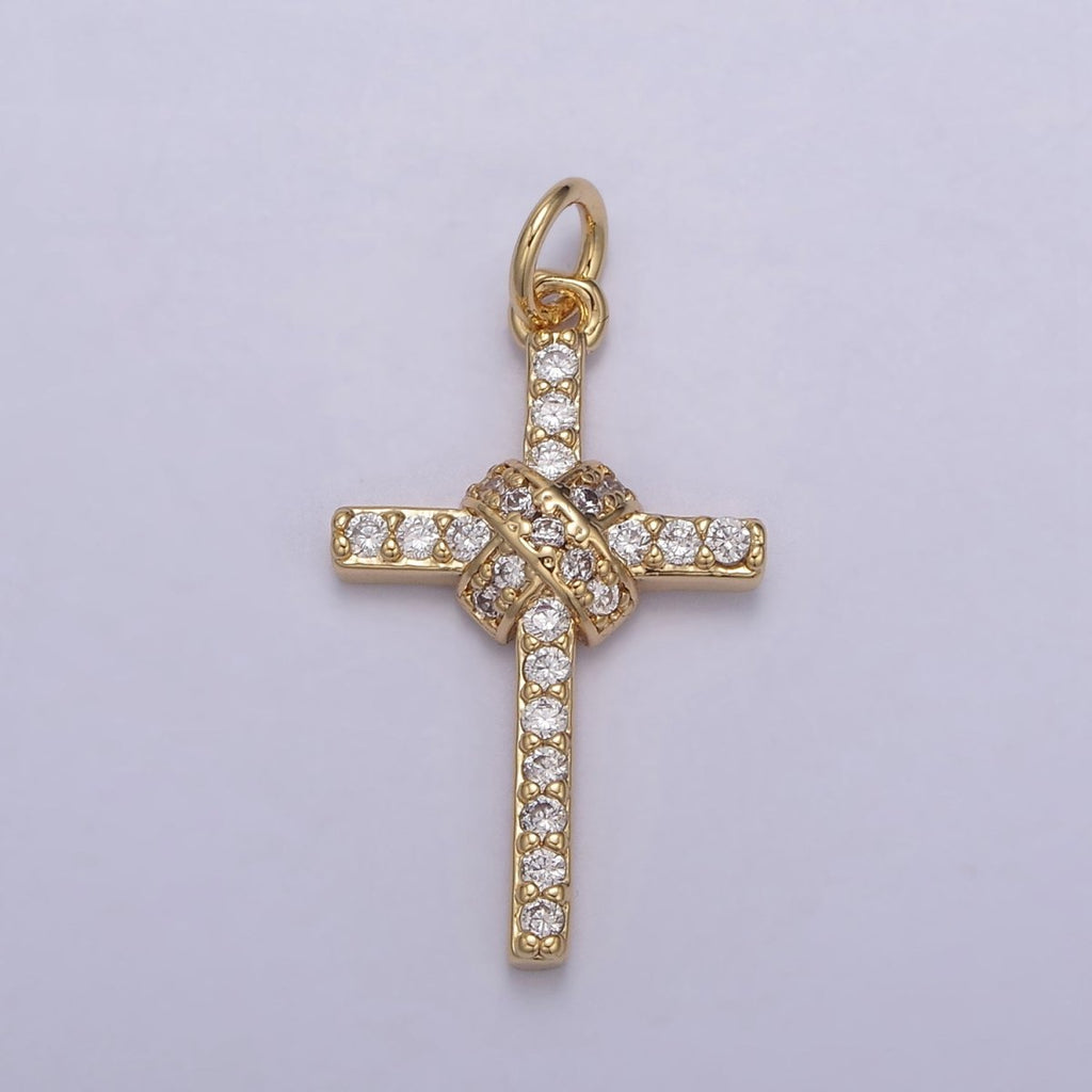 Dainty Cross Charm 18K Gold plated Cross Pendant with Clear Cubic Zirconia Micro Pave Religious Jewelry Making N-856 - DLUXCA