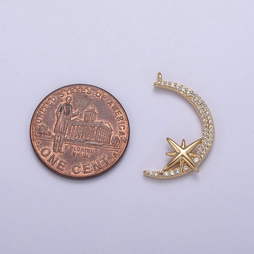 Dainty Cubic Crescent Moon Charm 24k Gold plated Star Celestial Jewelry pendant N-681 - DLUXCA
