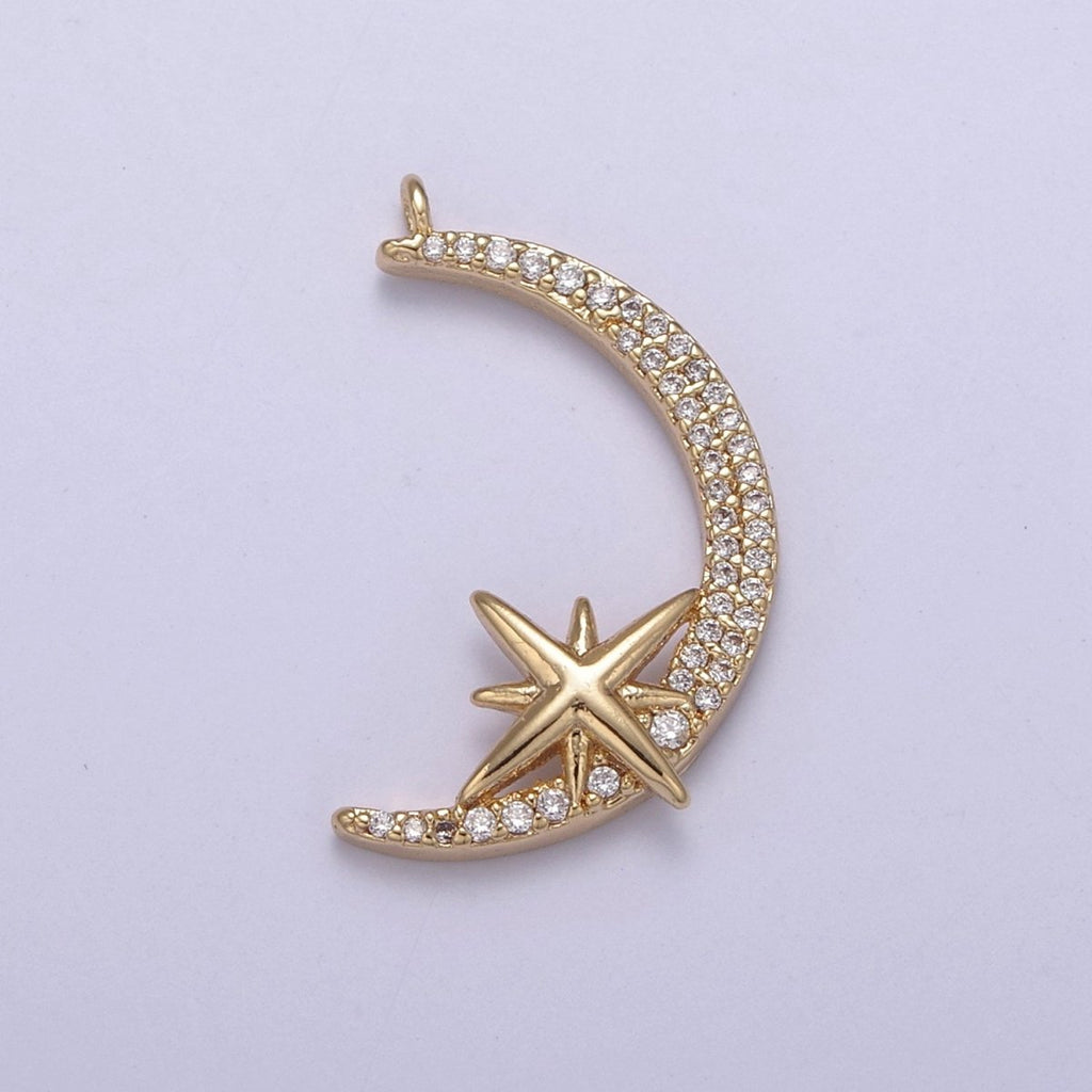 Dainty Cubic Crescent Moon Charm 24k Gold plated Star Celestial Jewelry pendant N-681 - DLUXCA