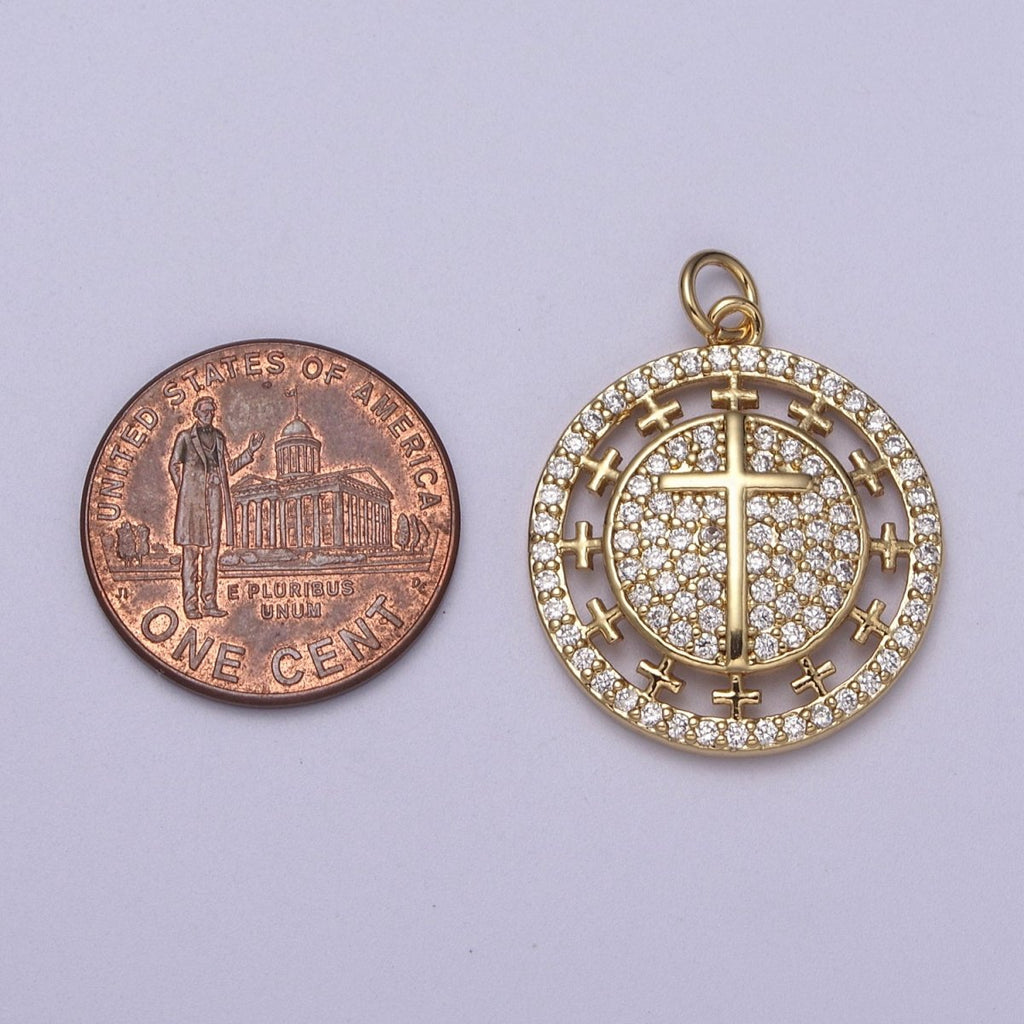 Dainty Cubic Cross Round Coin Medallion Pendant in Gold Catholic Charms Religious Jewelry N-338 - DLUXCA