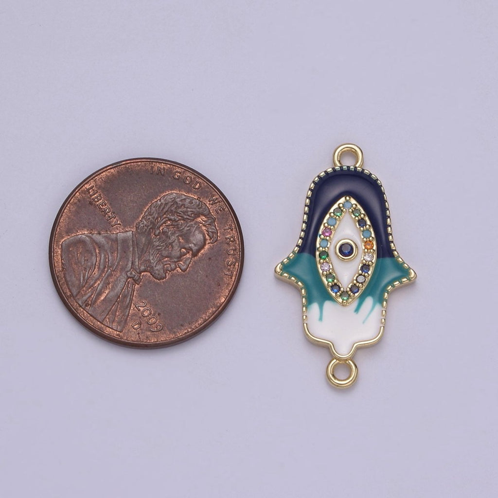 Dainty Enamel Hamsa Hand Charm Evil Eye Hand of Fatimah Link Connector for Bracelet Necklace Supply F-681 - DLUXCA