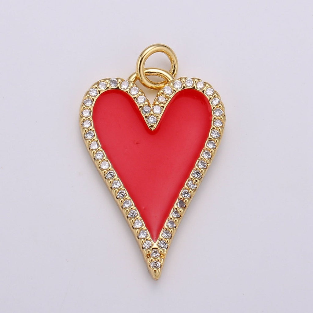 Dainty Enamel Red heart Pendant, CZ Micro Pave Gold plated Heart pendant, Enamel pendant, Statement Necklace Jewelry Supply D-902 - DLUXCA
