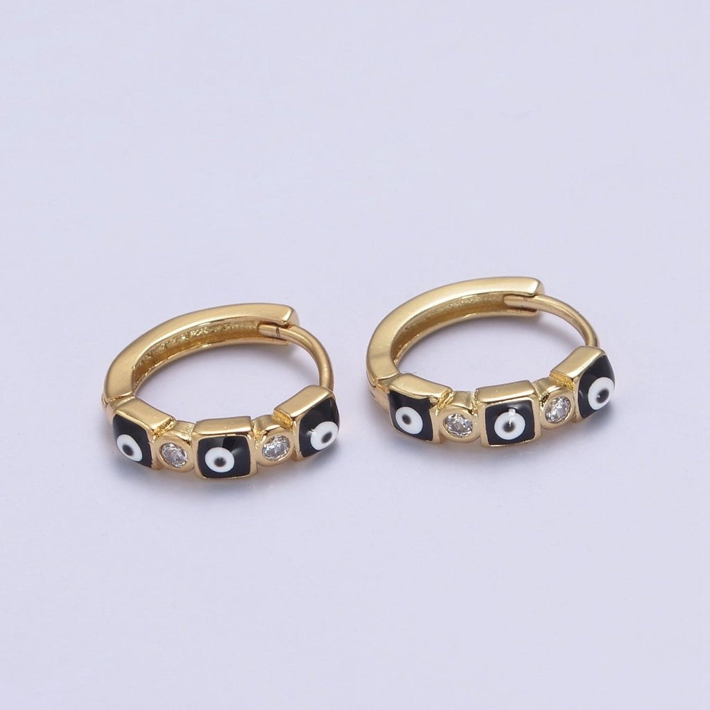 14K Gold plated 14mm Square Evil Eye Enamel CZ Huggie Earrings | T309 - T314