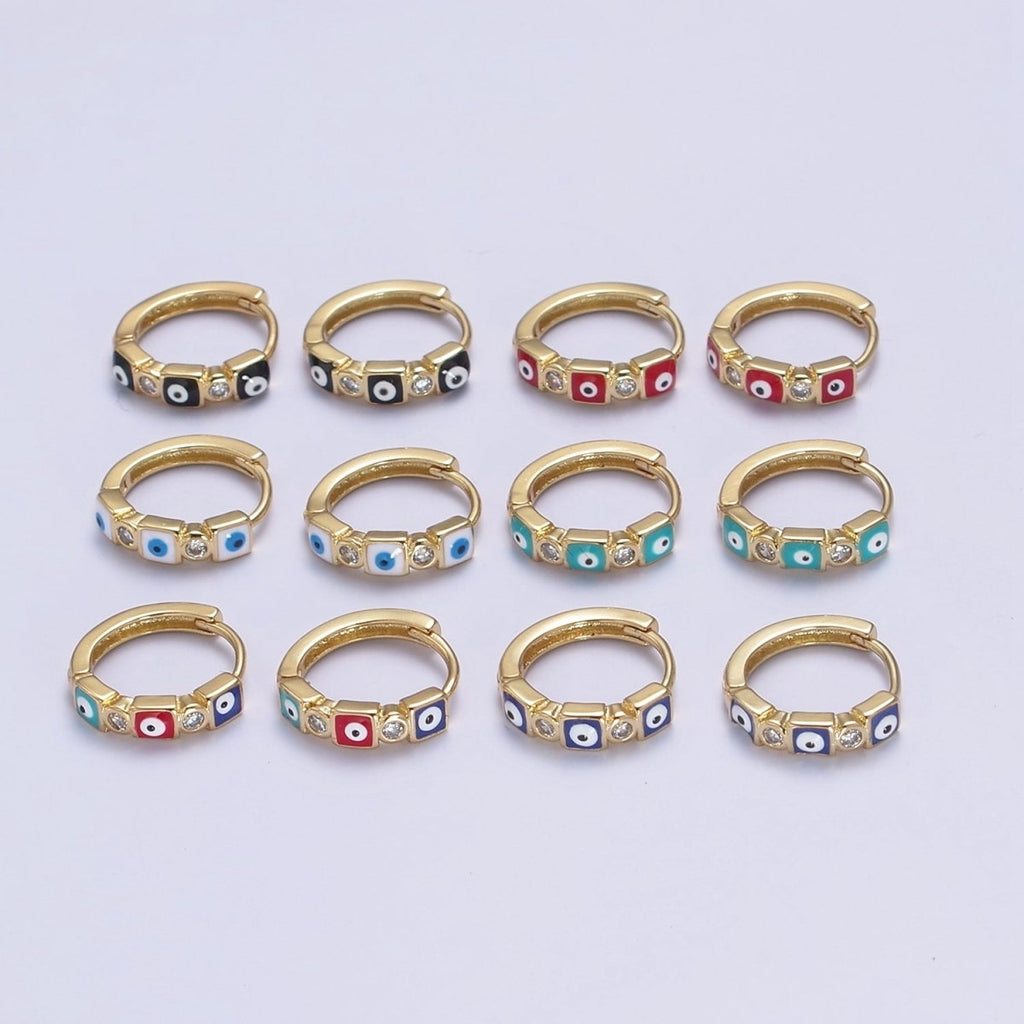 14K Gold plated 14mm Square Evil Eye Enamel CZ Huggie Earrings | T309 - T314