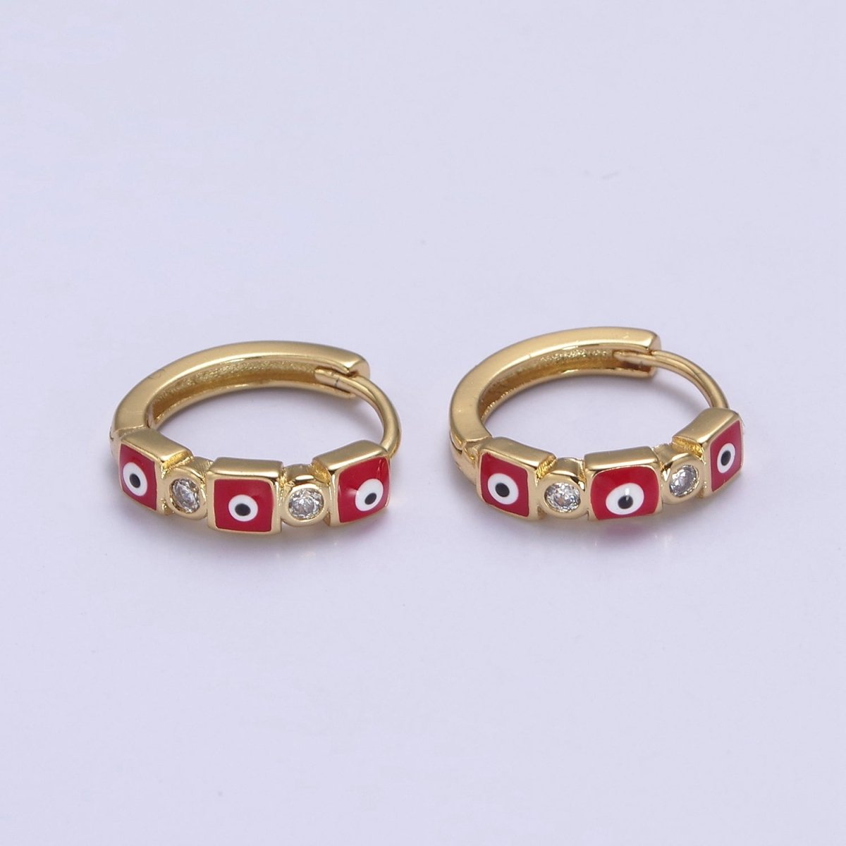 14K Gold plated 14mm Square Evil Eye Enamel CZ Huggie Earrings | T309 - T314