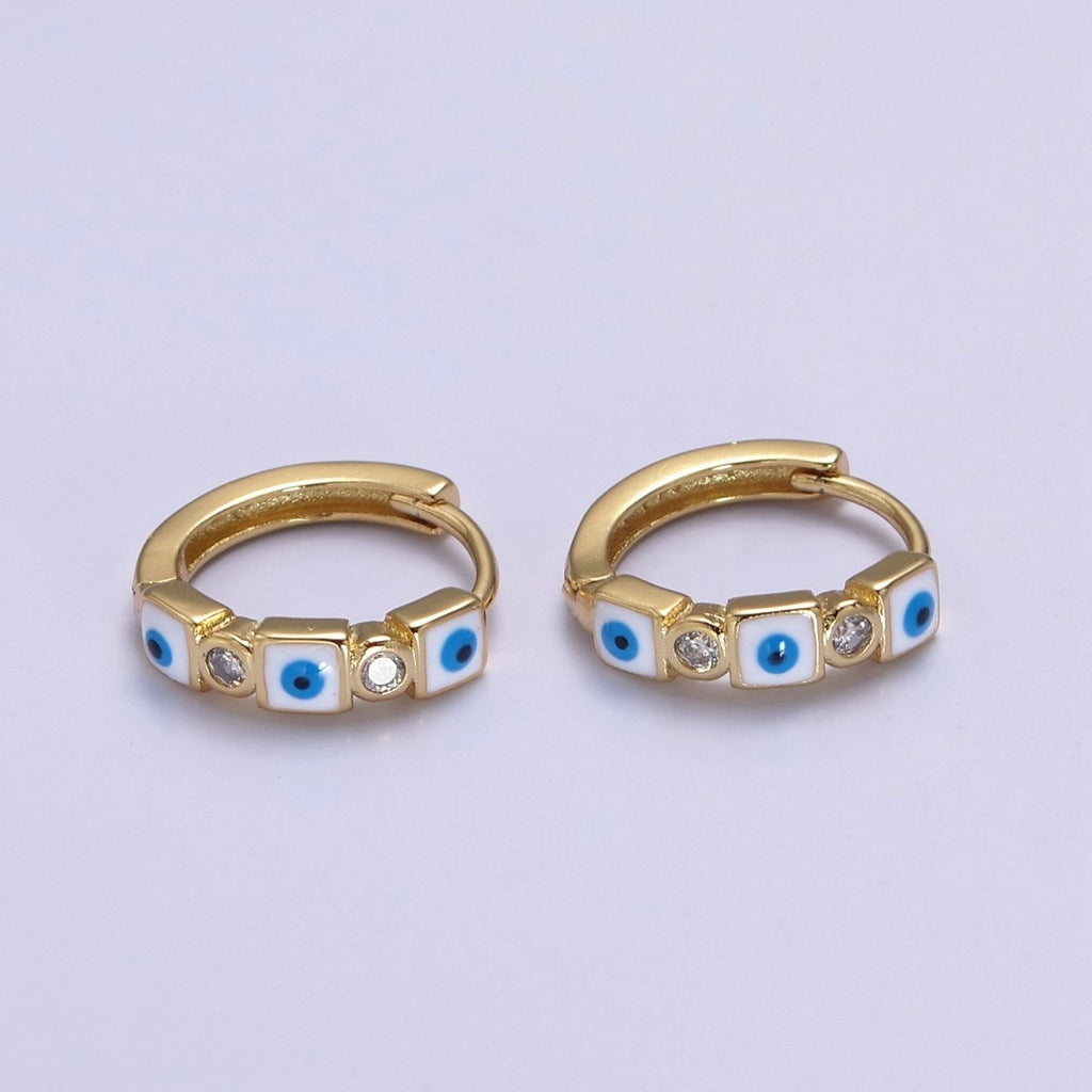 14K Gold plated 14mm Square Evil Eye Enamel CZ Huggie Earrings | T309 - T314