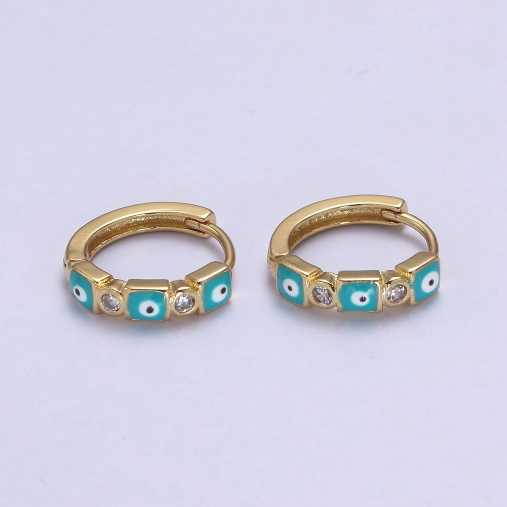 14K Gold plated 14mm Square Evil Eye Enamel CZ Huggie Earrings | T309 - T314