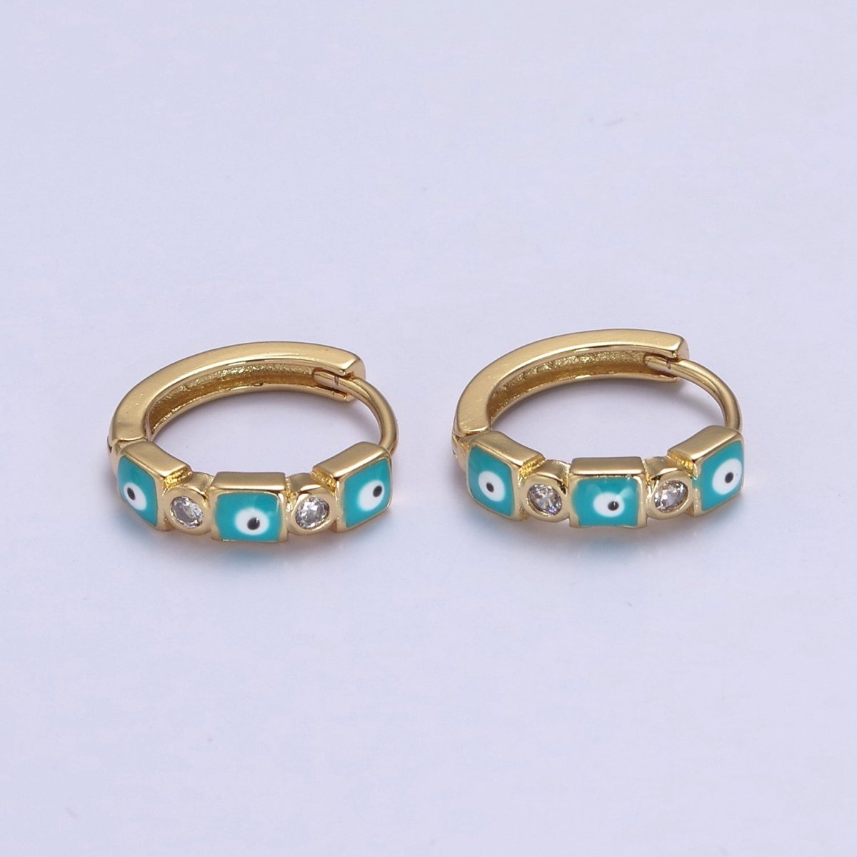 14K Gold plated 14mm Square Evil Eye Enamel CZ Huggie Earrings | T309 - T314