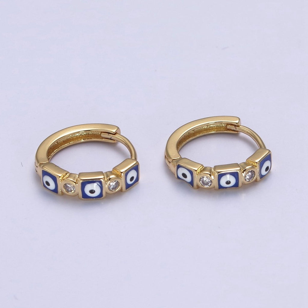 14K Gold plated 14mm Square Evil Eye Enamel CZ Huggie Earrings | T309 - T314