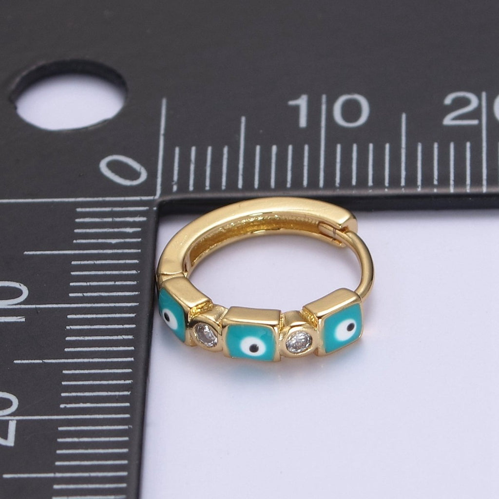 14K Gold plated 14mm Square Evil Eye Enamel CZ Huggie Earrings | T309 - T314