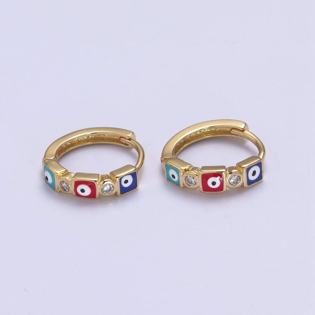 14K Gold plated 14mm Square Evil Eye Enamel CZ Huggie Earrings | T309 - T314