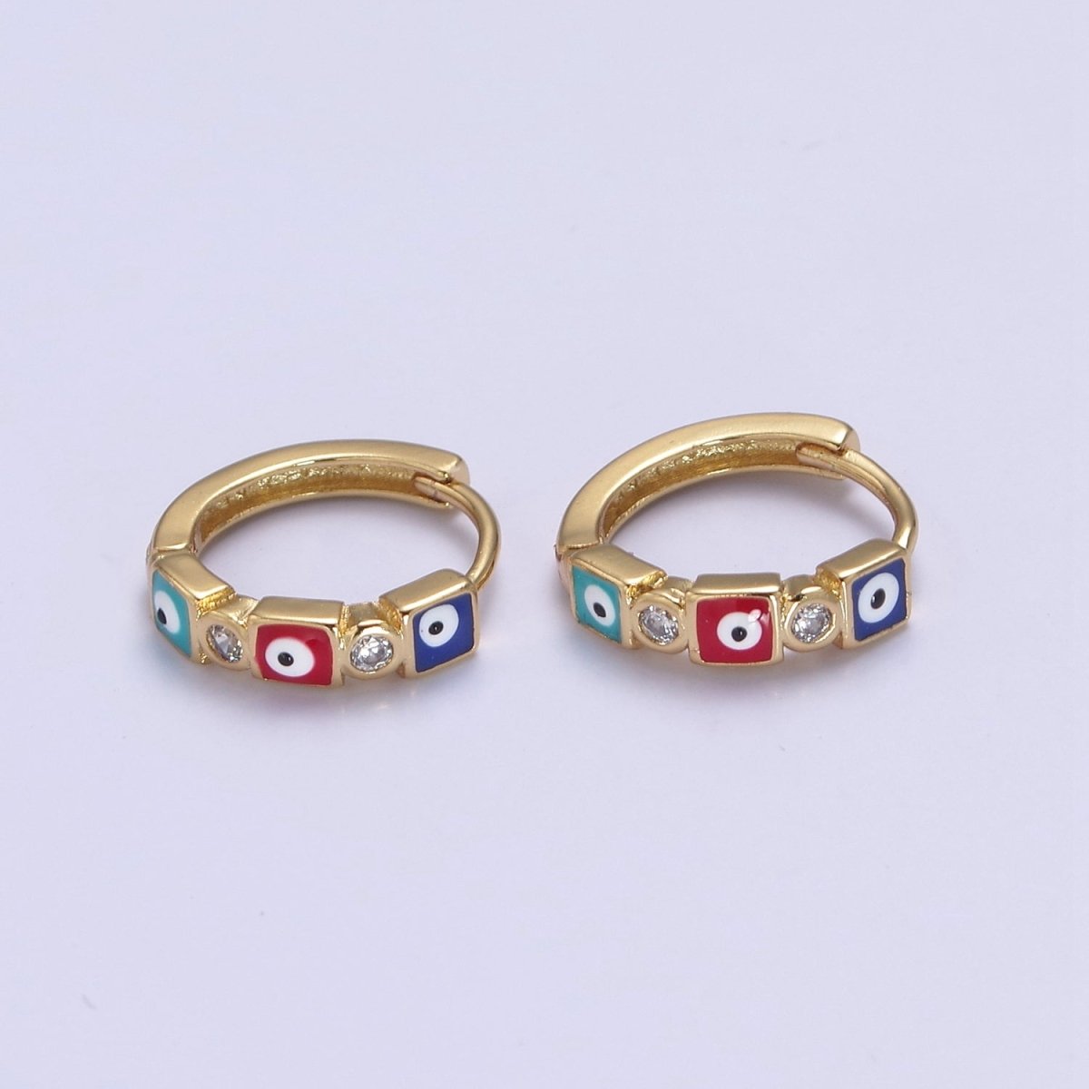 14K Gold plated 14mm Square Evil Eye Enamel CZ Huggie Earrings | T309 - T314