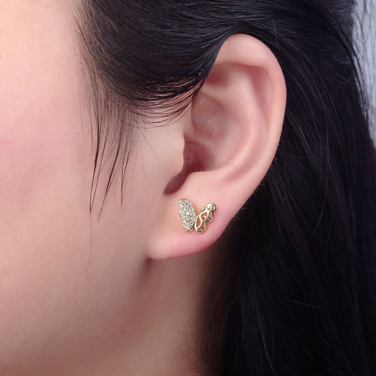 Dainty Gold Butterfly Stud Earrings, 18k Gold plated Delicate Butterly Stud Earring Earlobe Earring V-127 - DLUXCA