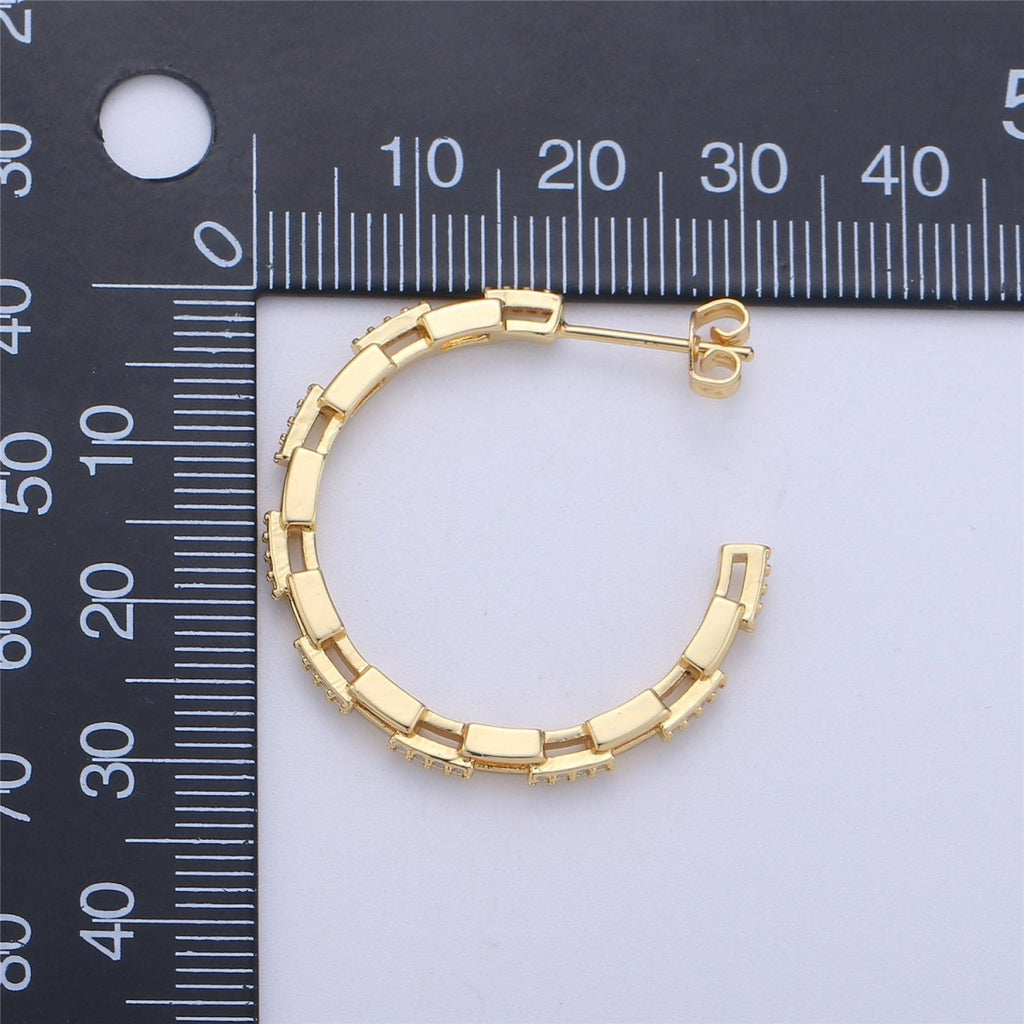Dainty Gold Chain Earring- Curb Chain Earring - Micro Pave Thin Earring - Gold plated Hoop Ring - Minimalist Jewelry - Silver Link Earring Q-537 Q-538 - DLUXCA