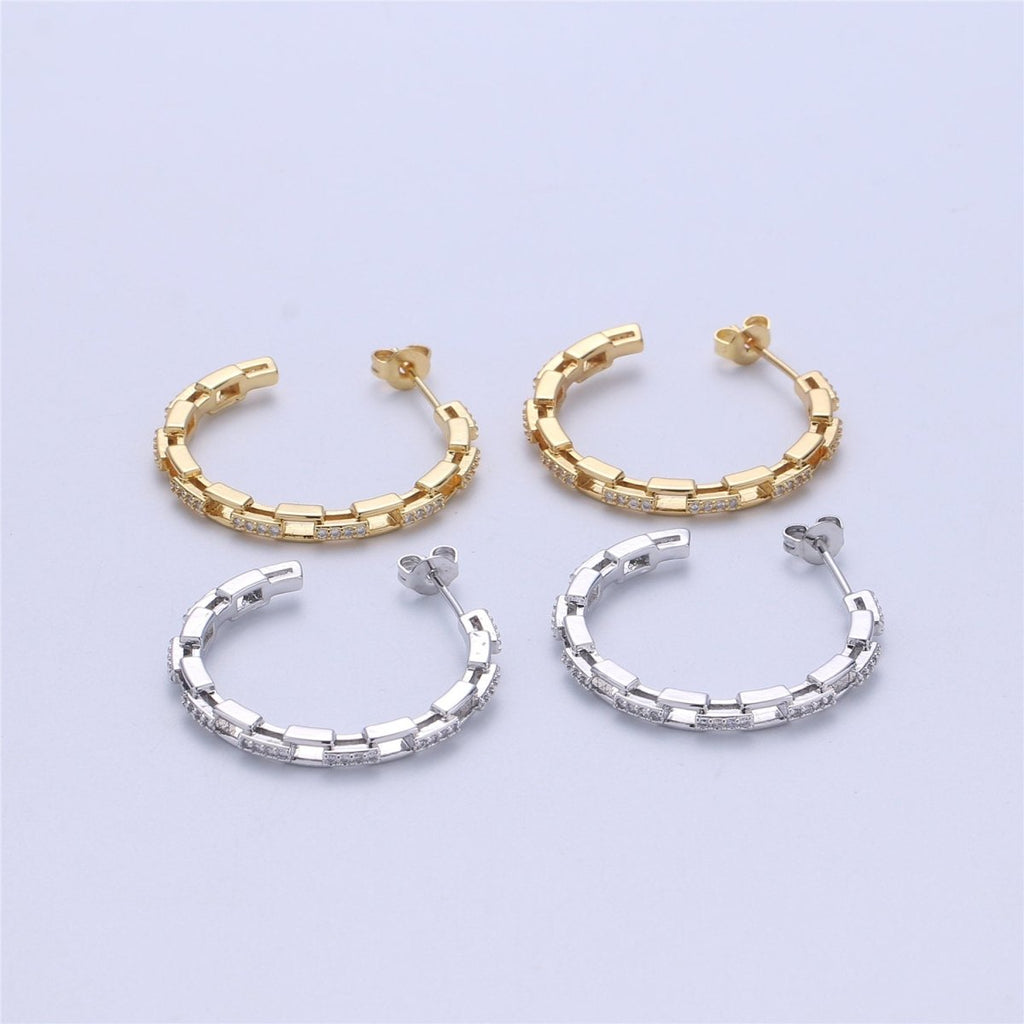 Dainty Gold Chain Earring- Curb Chain Earring - Micro Pave Thin Earring - Gold plated Hoop Ring - Minimalist Jewelry - Silver Link Earring Q-537 Q-538 - DLUXCA