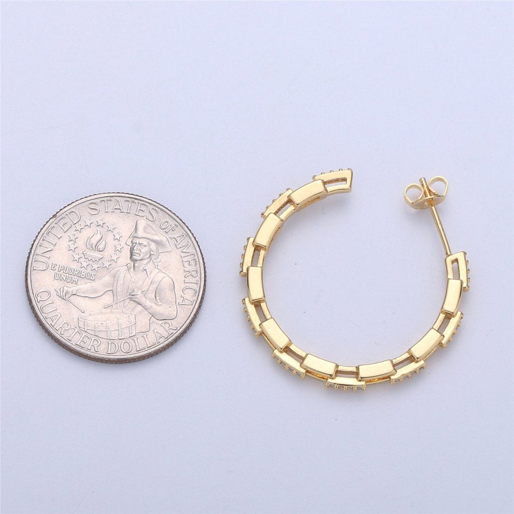 Dainty Gold Chain Earring- Curb Chain Earring - Micro Pave Thin Earring - Gold plated Hoop Ring - Minimalist Jewelry - Silver Link Earring Q-537 Q-538 - DLUXCA