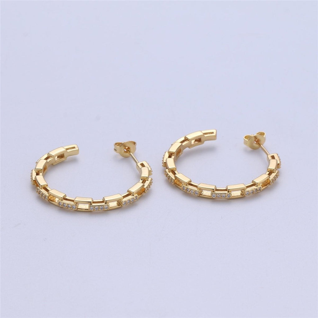 Dainty Gold Chain Earring- Curb Chain Earring - Micro Pave Thin Earring - Gold plated Hoop Ring - Minimalist Jewelry - Silver Link Earring Q-537 Q-538 - DLUXCA