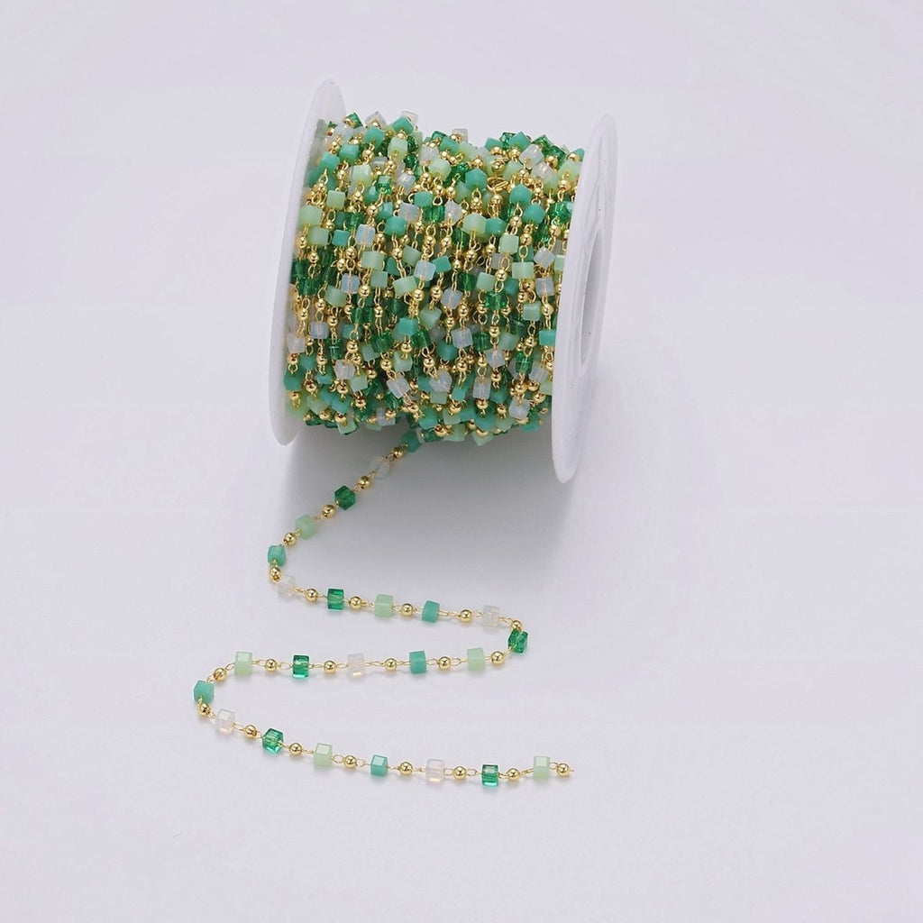 Dainty Gold Cube Beaded Chain for Jewelry Making Gold Satellite Crystal Bead Chain by Yard | ROLL-1390 - DLUXCA