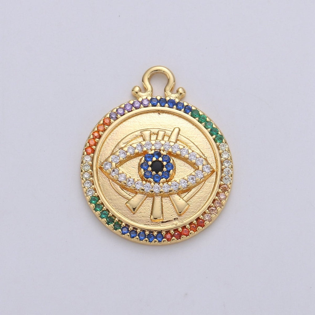 Dainty Gold Evil Eye Charm 14k Gold plated Micro Pave Eye Charm Multi Color CZ evil eye to protects its wearer from negative vibes, C-884 - DLUXCA