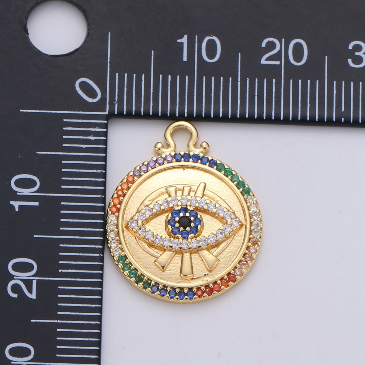 Dainty Gold Evil Eye Charm 14k Gold plated Micro Pave Eye Charm Multi Color CZ evil eye to protects its wearer from negative vibes, C-884 - DLUXCA
