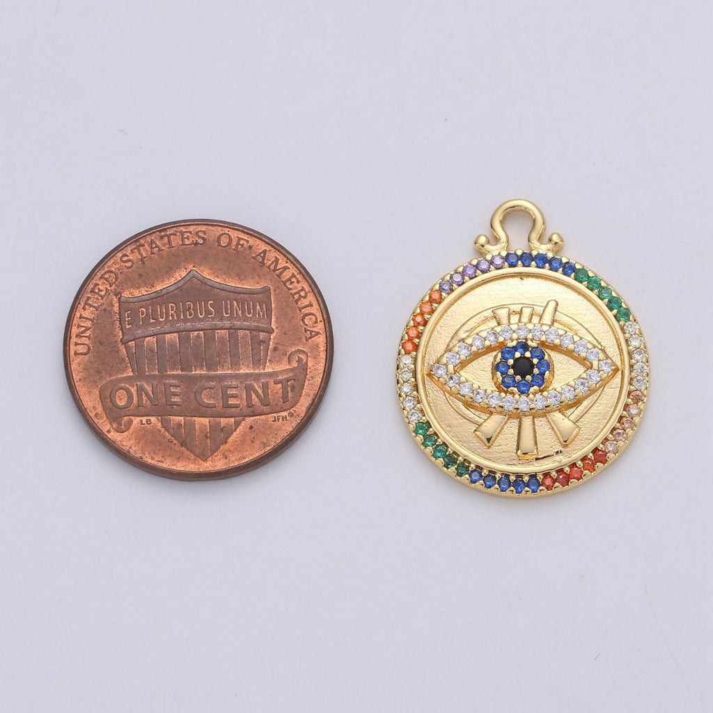 Dainty Gold Evil Eye Charm 14k Gold plated Micro Pave Eye Charm Multi Color CZ evil eye to protects its wearer from negative vibes, C-884 - DLUXCA
