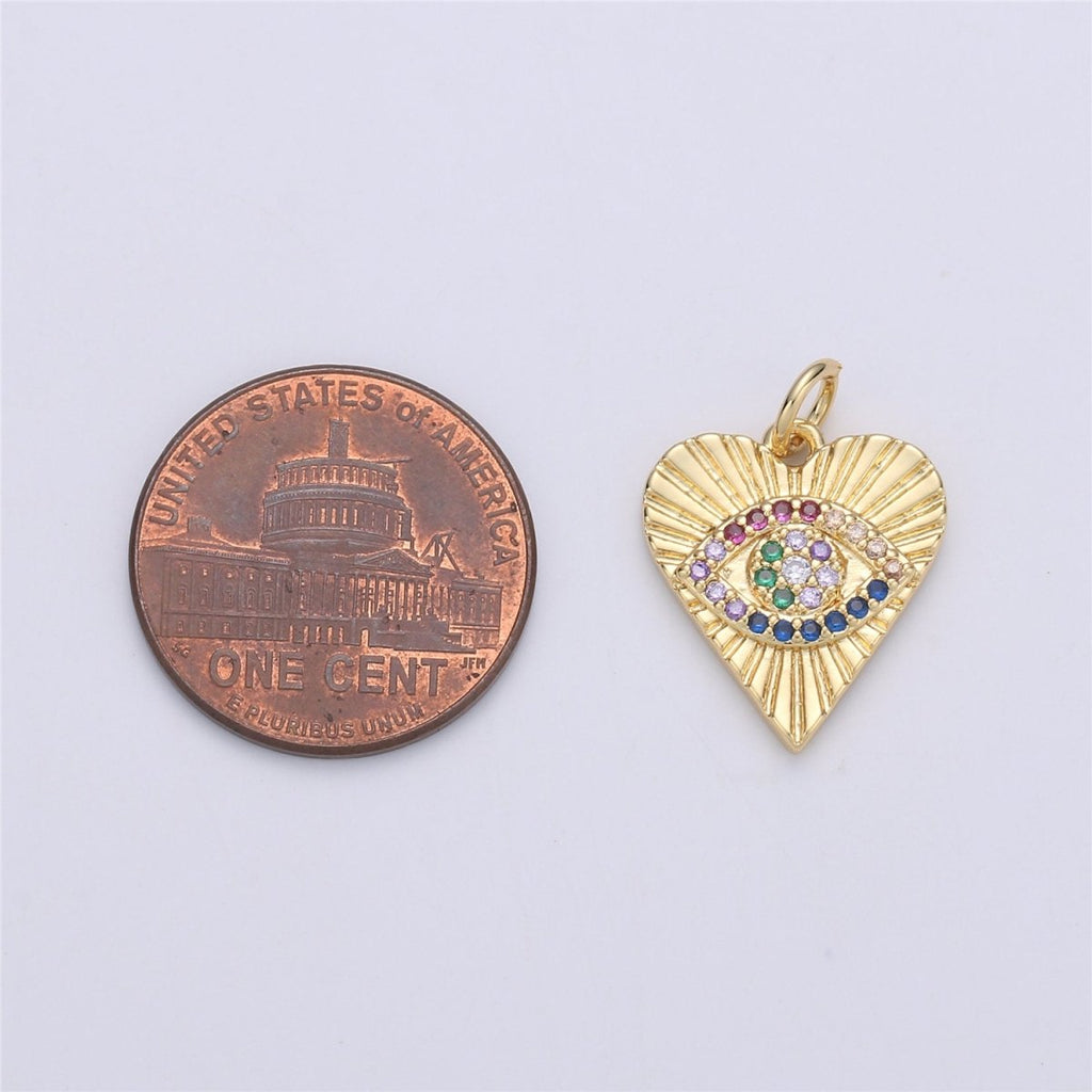 Dainty Gold Eye Charm 14k Gold plated Silver Evil Eye Charm, Cubic Zirconia Love Charm, Medallion Heart Jewelry, Micro Pave Protection Charm C-899 C-900
