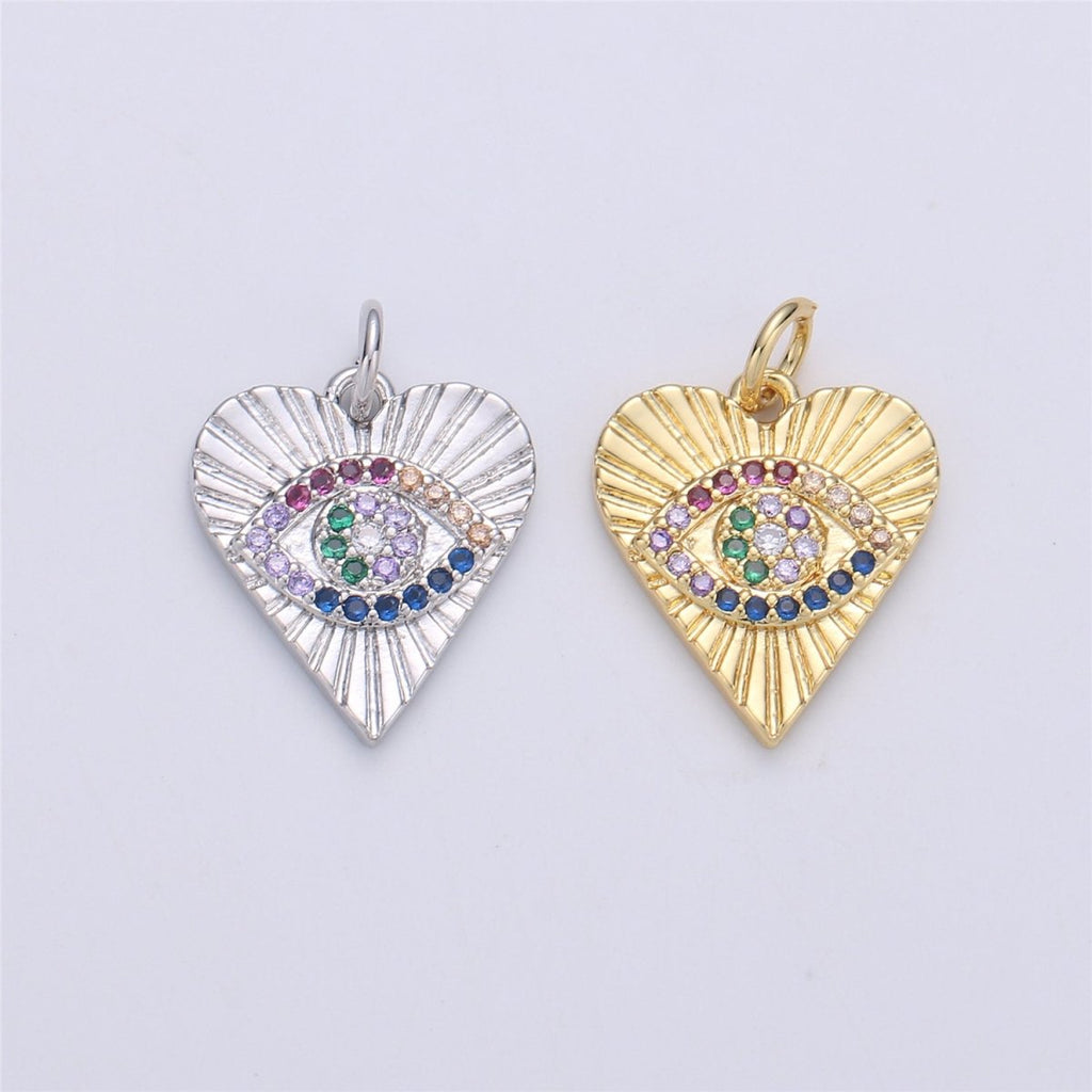 Dainty Gold Eye Charm 14k Gold plated Silver Evil Eye Charm, Cubic Zirconia Love Charm, Medallion Heart Jewelry, Micro Pave Protection Charm C-899 C-900