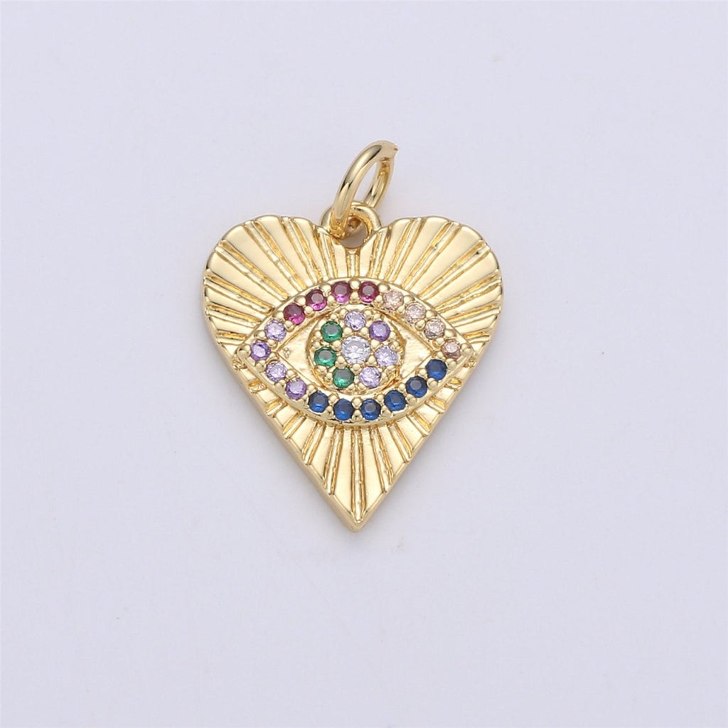 Dainty Gold Eye Charm 14k Gold plated Silver Evil Eye Charm, Cubic Zirconia Love Charm, Medallion Heart Jewelry, Micro Pave Protection Charm C-899 C-900