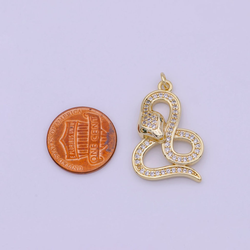 Dainty Gold Fill Snake Charm Micro Pave Serpent Pendant N-921 - DLUXCA