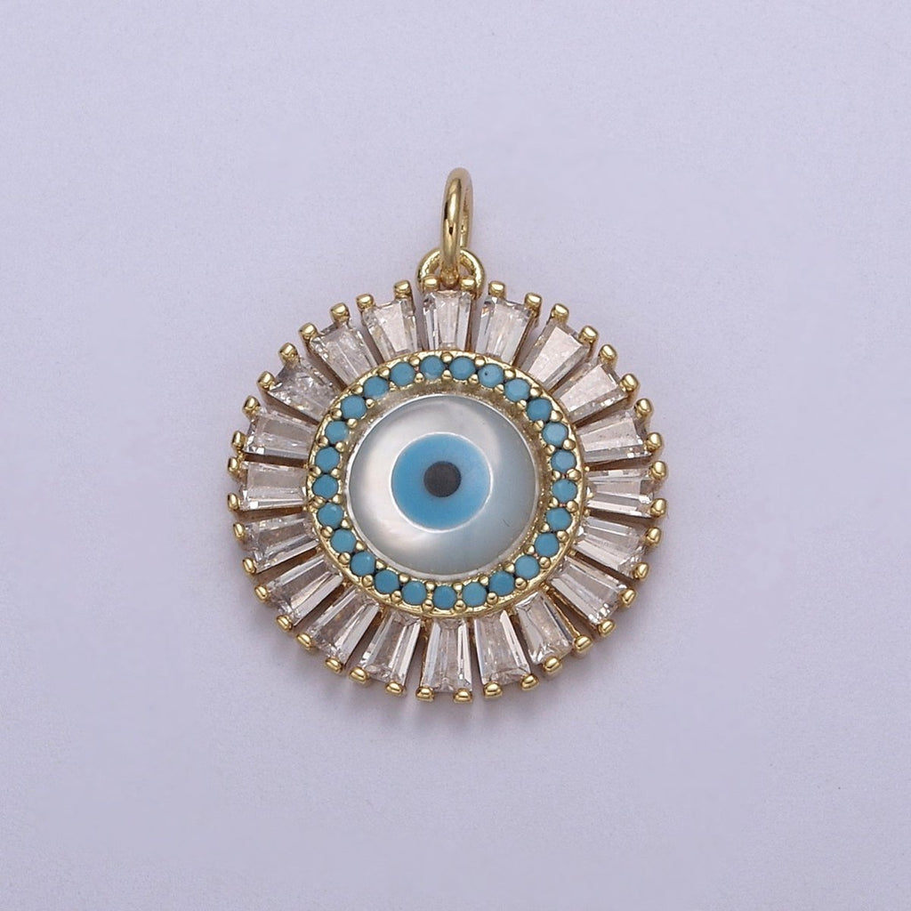 Dainty Gold plated Baguette CZ Evil Eye Charm Necklace | CZ Round Pendant Amulet Protection Jewelry N-827 - DLUXCA