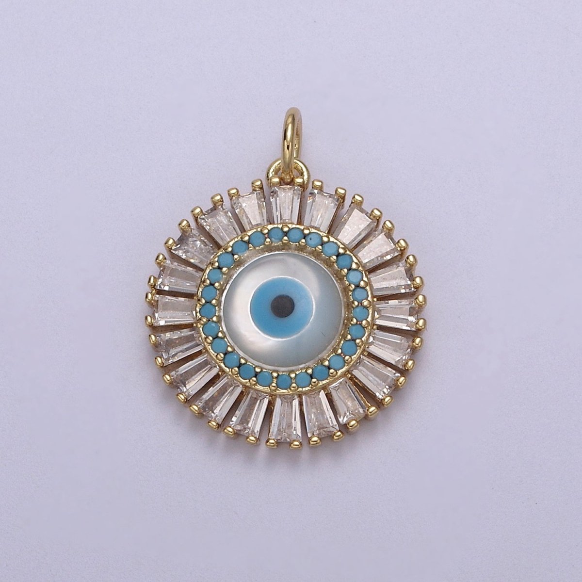 Dainty Gold plated Baguette CZ Evil Eye Charm Necklace | CZ Round Pendant Amulet Protection Jewelry N-827 - DLUXCA