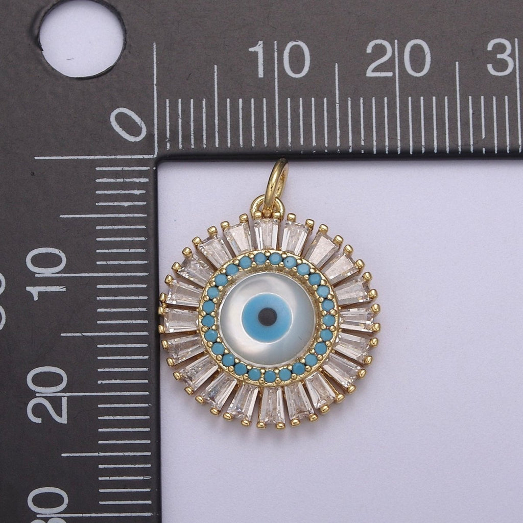 Dainty Gold plated Baguette CZ Evil Eye Charm Necklace | CZ Round Pendant Amulet Protection Jewelry N-827 - DLUXCA