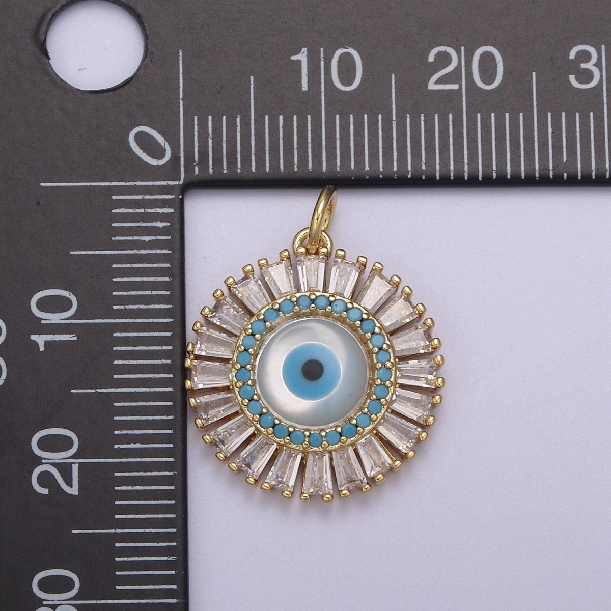 Dainty Gold plated Baguette CZ Evil Eye Charm Necklace | CZ Round Pendant Amulet Protection Jewelry N-827 - DLUXCA