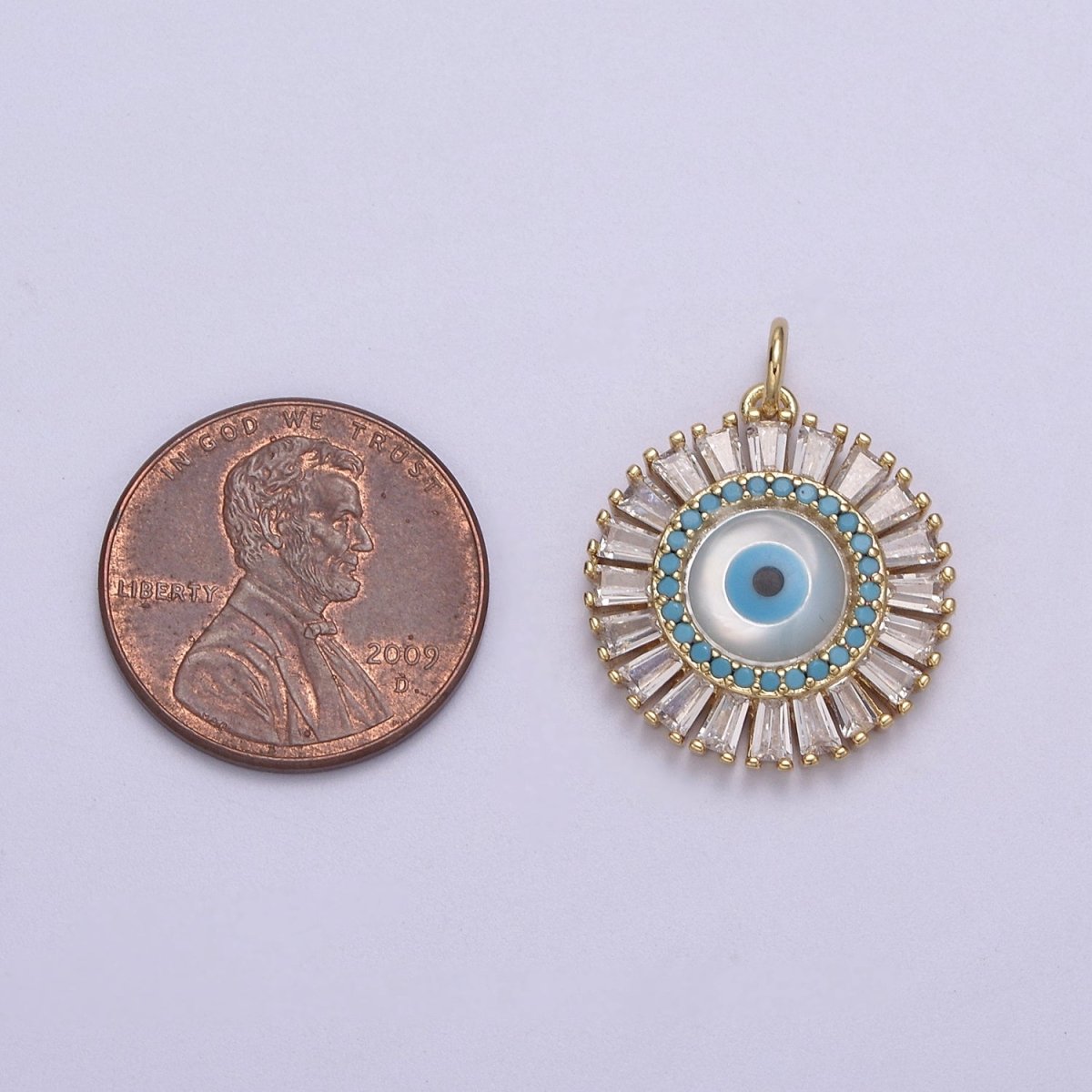 Dainty Gold plated Baguette CZ Evil Eye Charm Necklace | CZ Round Pendant Amulet Protection Jewelry N-827 - DLUXCA