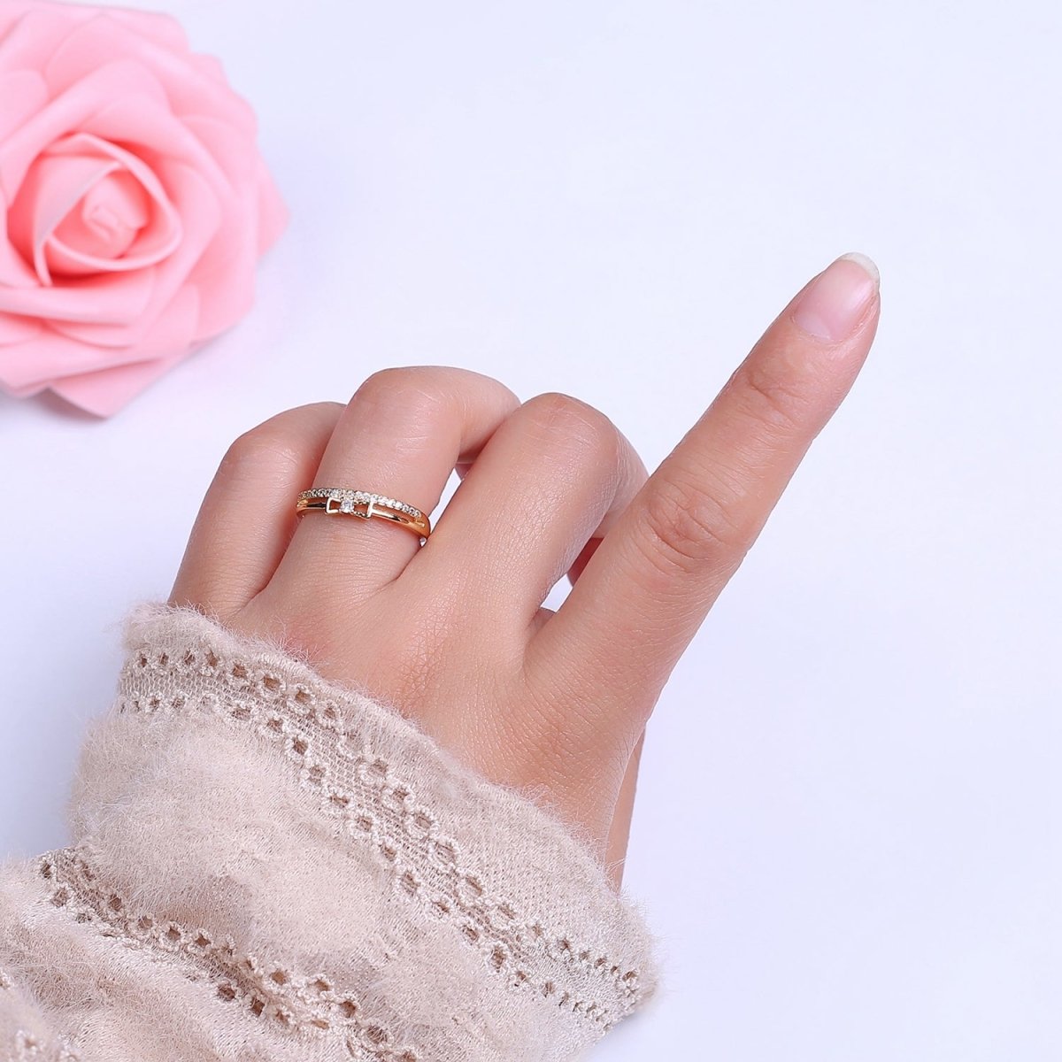 Dainty Gold plated Bow CZ Ring Open Adjustable Ring S-514 - DLUXCA