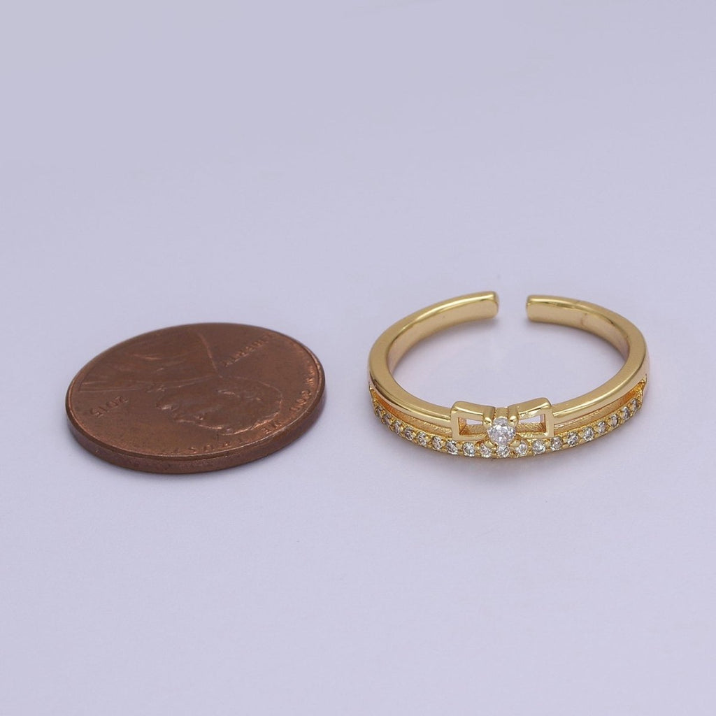 Dainty Gold plated Bow CZ Ring Open Adjustable Ring S-514 - DLUXCA