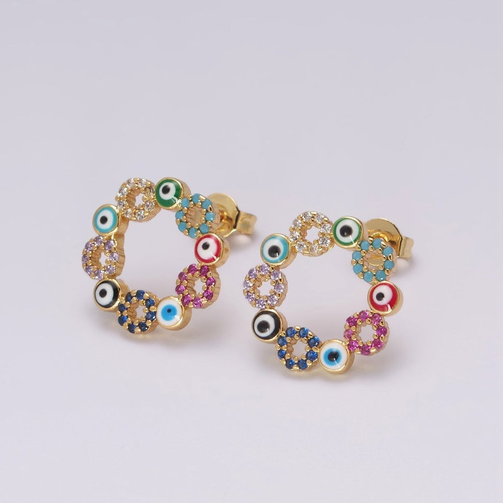 Dainty Gold plated Evil Eye Stud Earring Round Circle Amulet Jewelry T-228 - DLUXCA