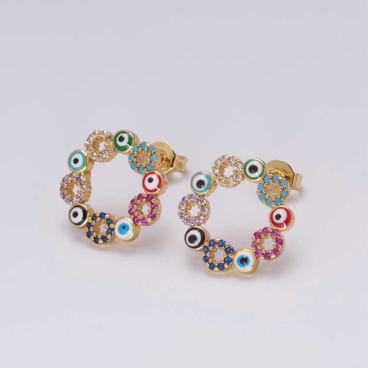 Dainty Gold plated Evil Eye Stud Earring Round Circle Amulet Jewelry T-228 - DLUXCA