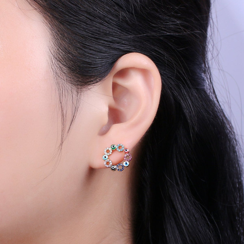 Dainty Gold plated Evil Eye Stud Earring Round Circle Amulet Jewelry T-228 - DLUXCA
