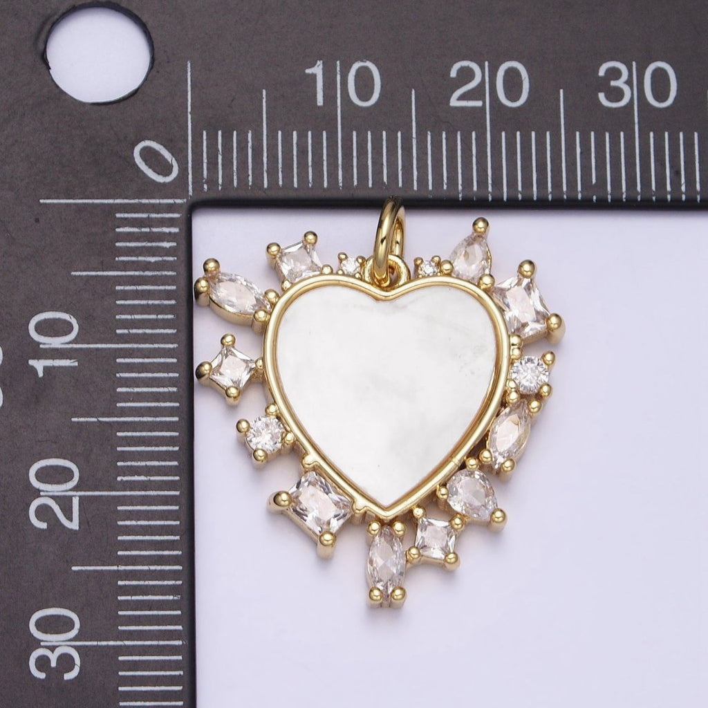 Dainty Gold plated Heart Shell Pearl Charm with Geometric Zirconia Stone for Minimalist Jewelry Charm in Gold & Silver AC454 AC455 - DLUXCA