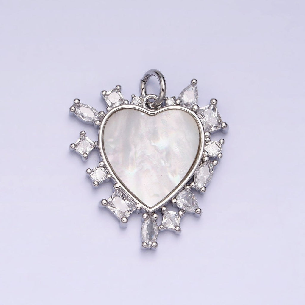 Dainty Gold plated Heart Shell Pearl Charm with Geometric Zirconia Stone for Minimalist Jewelry Charm in Gold & Silver AC454 AC455 - DLUXCA