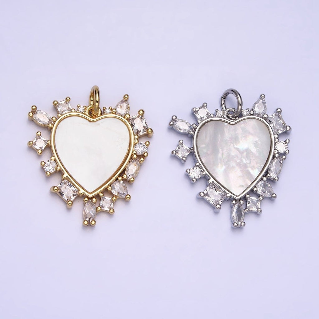 Dainty Gold plated Heart Shell Pearl Charm with Geometric Zirconia Stone for Minimalist Jewelry Charm in Gold & Silver AC454 AC455 - DLUXCA