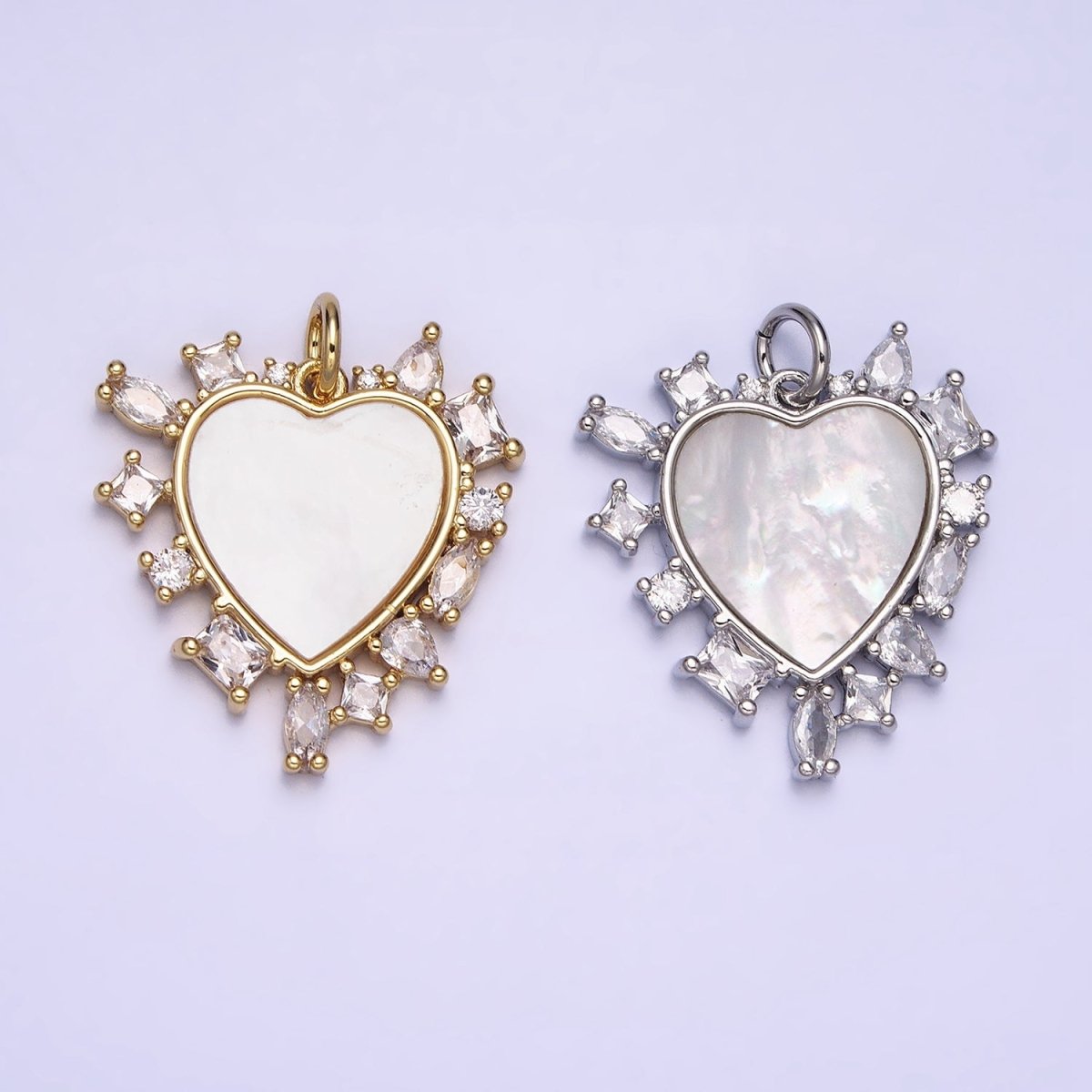 Dainty Gold plated Heart Shell Pearl Charm with Geometric Zirconia Stone for Minimalist Jewelry Charm in Gold & Silver AC454 AC455 - DLUXCA