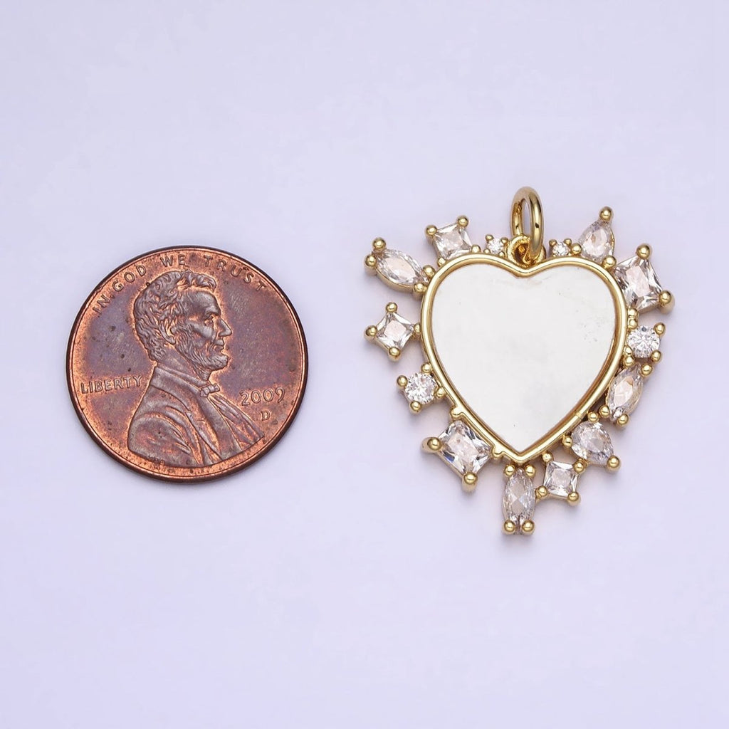 Dainty Gold plated Heart Shell Pearl Charm with Geometric Zirconia Stone for Minimalist Jewelry Charm in Gold & Silver AC454 AC455 - DLUXCA