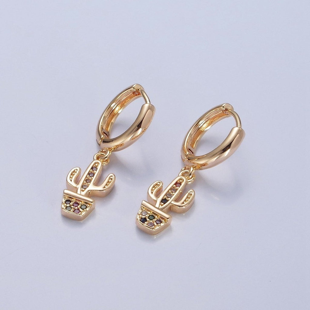 Dainty Gold plated Huggie Earring with Cactus Charm V-438 - DLUXCA
