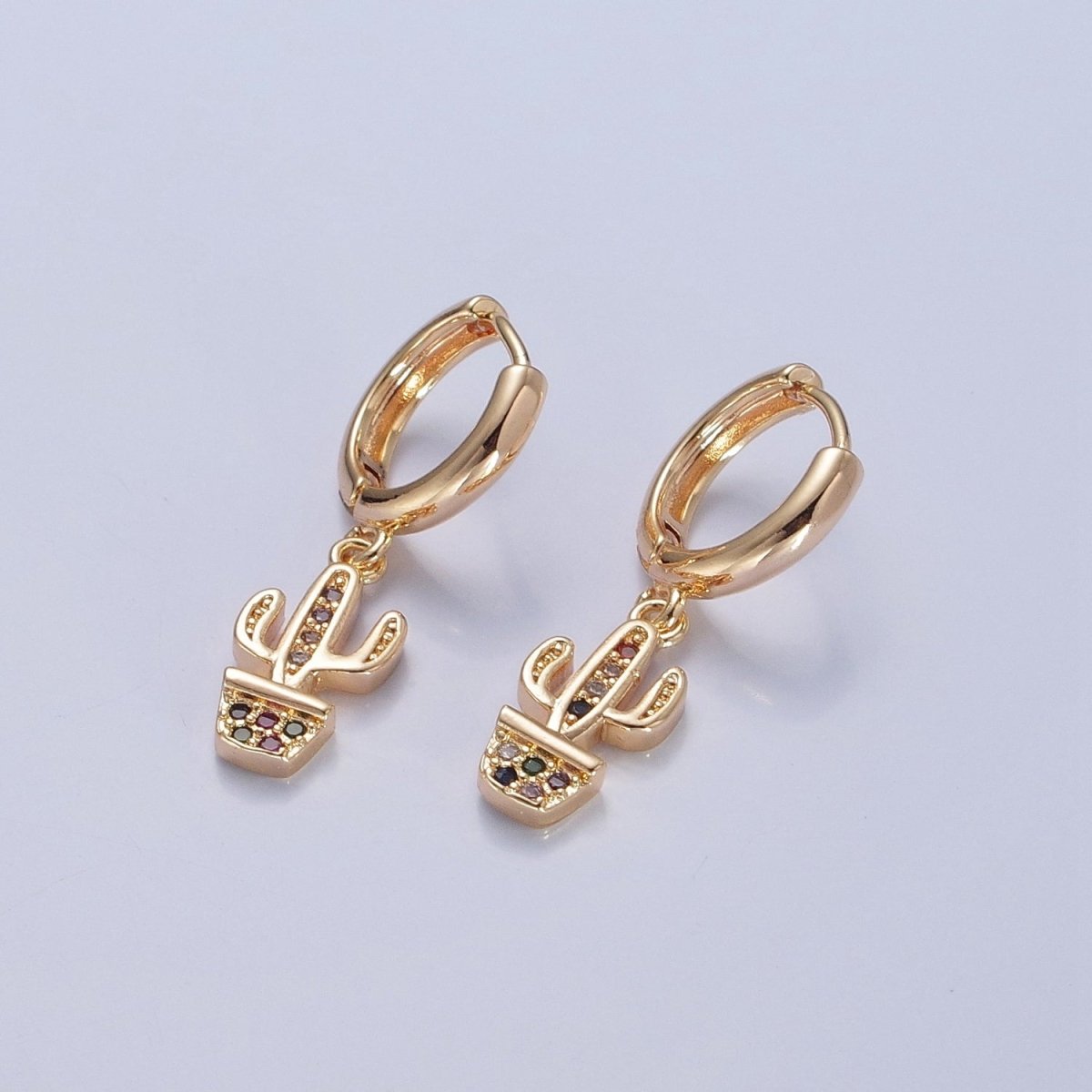 Dainty Gold plated Huggie Earring with Cactus Charm V-438 - DLUXCA