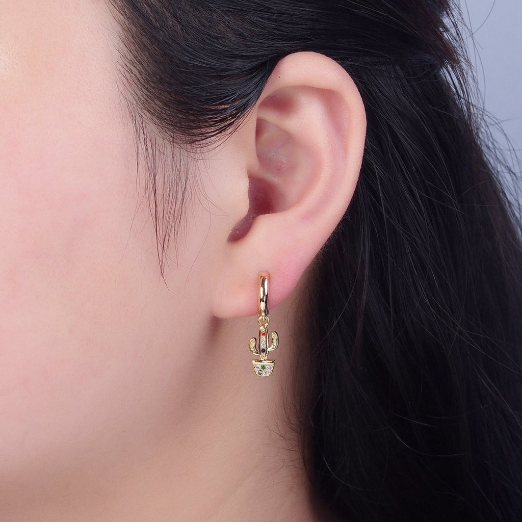 Dainty Gold plated Huggie Earring with Cactus Charm V-438 - DLUXCA