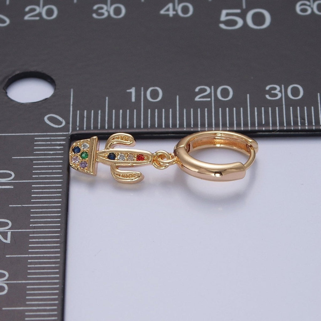 Dainty Gold plated Huggie Earring with Cactus Charm V-438 - DLUXCA