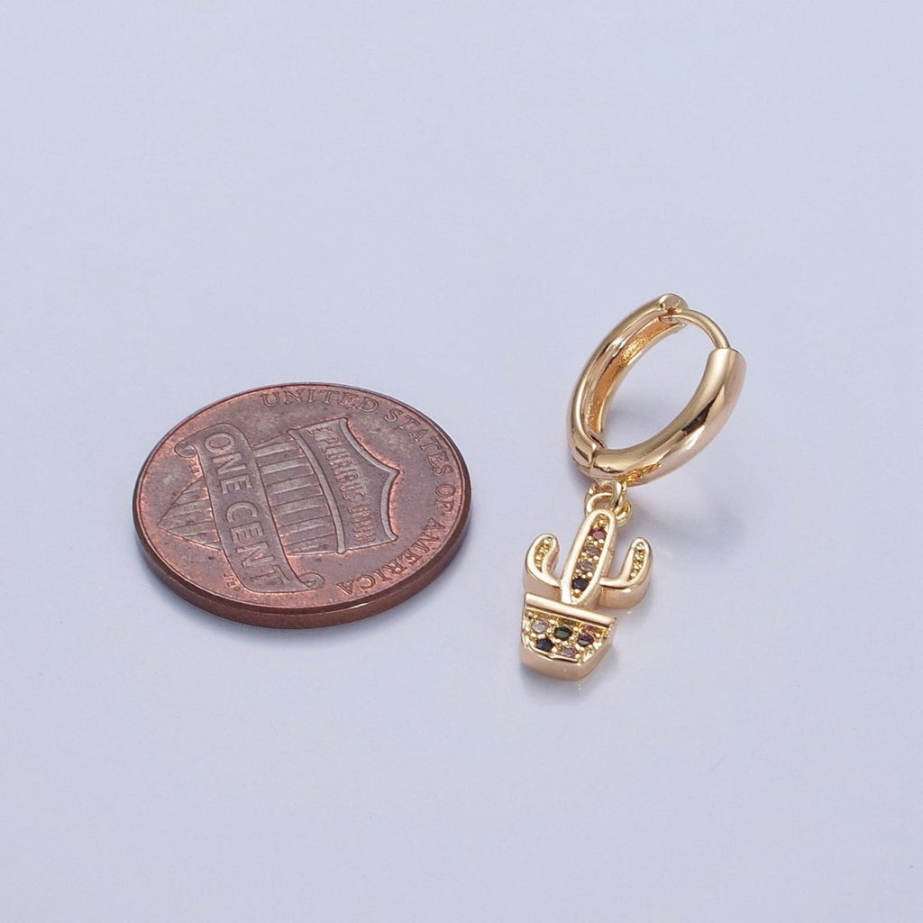 Dainty Gold plated Huggie Earring with Cactus Charm V-438 - DLUXCA