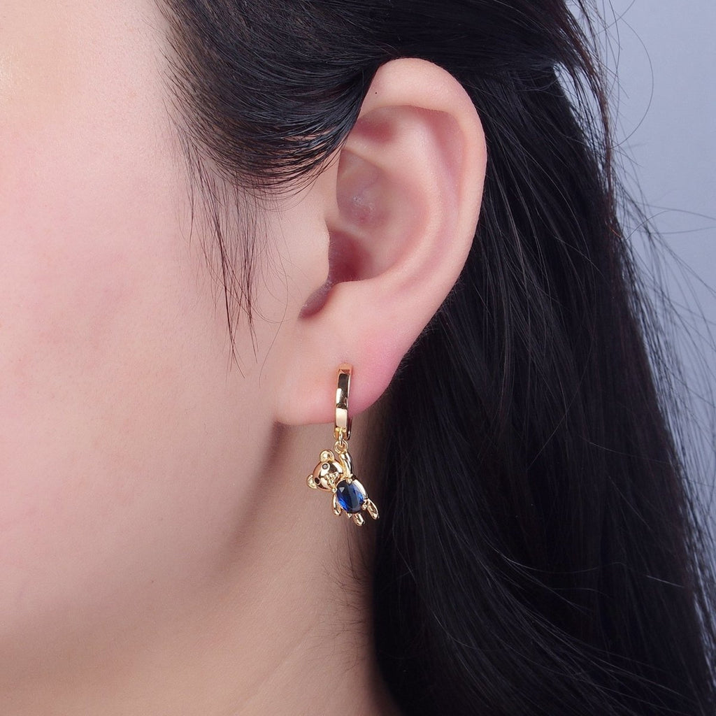 Dainty Gold plated Huggie Earring with Teddy Bear Charm V-441 - DLUXCA